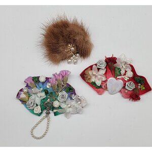 1980s Handmade Bead Lace Floral Brooch Lot of 3 Madonna Heart VTG